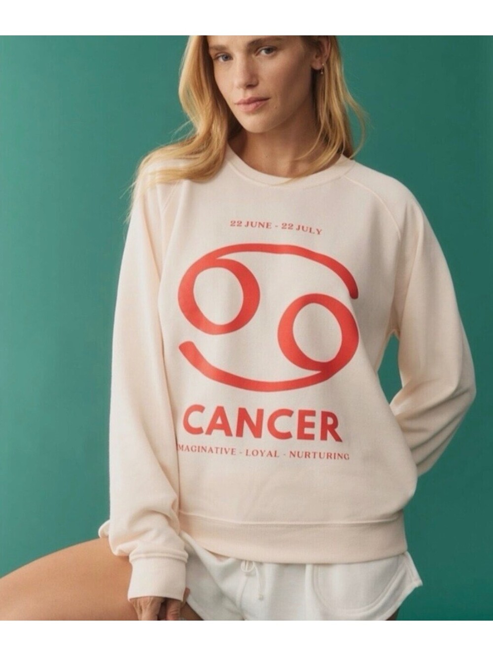 Anthropologie Cream Sweatshirt with Red Cancer Zodiac Graphic